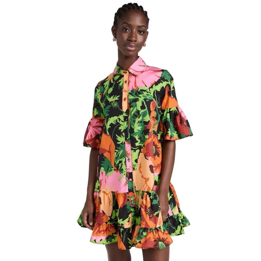 LA DOUBLEJ Choux Floral-Print Mini Shirt Dress - Green Size Small